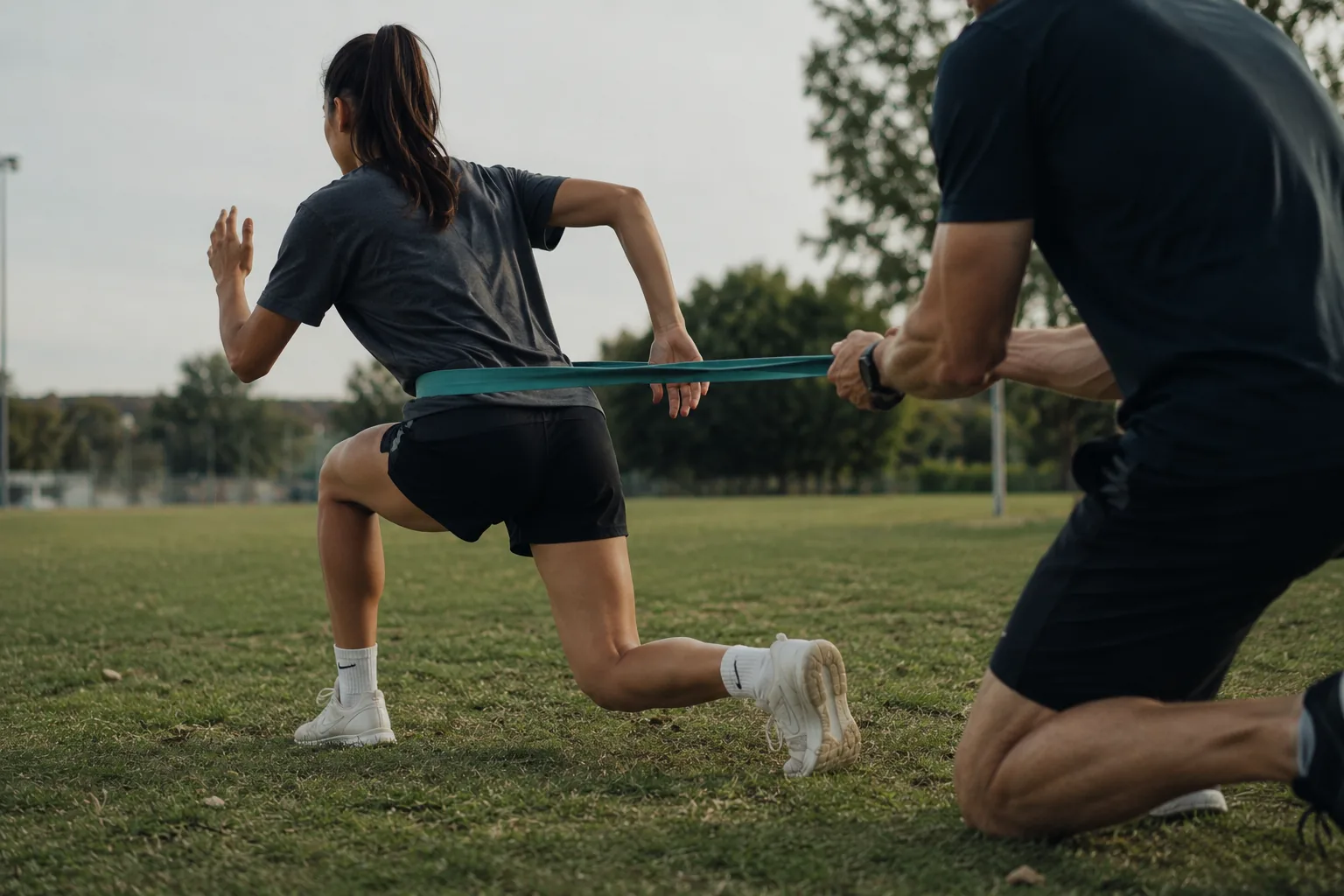 Young female athlete in a resisted lunge on grass with a coach providing tension from a teal band.