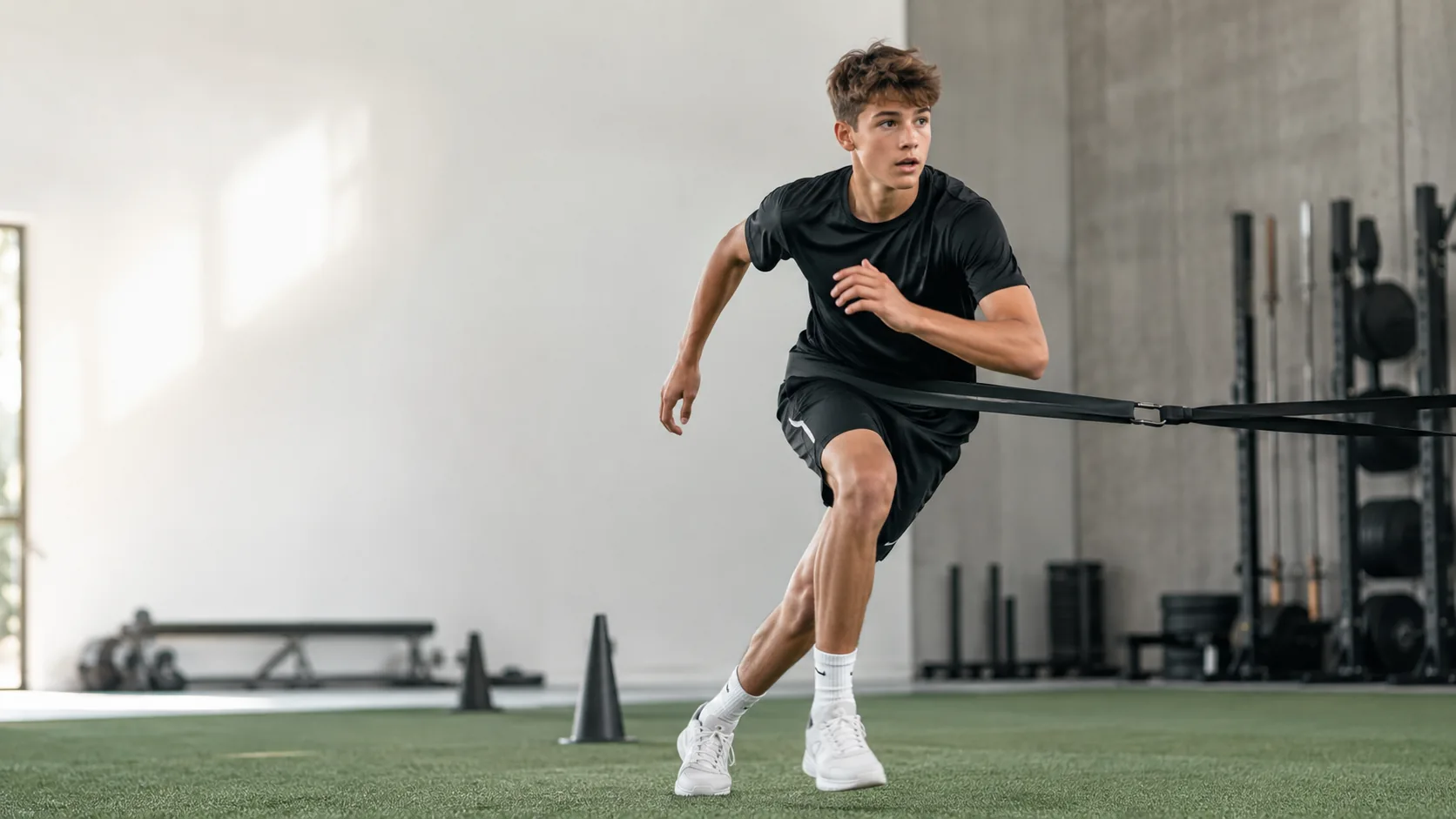 Teenage athlete mid-sprint during a resisted speed drill in a premium indoor training facility.