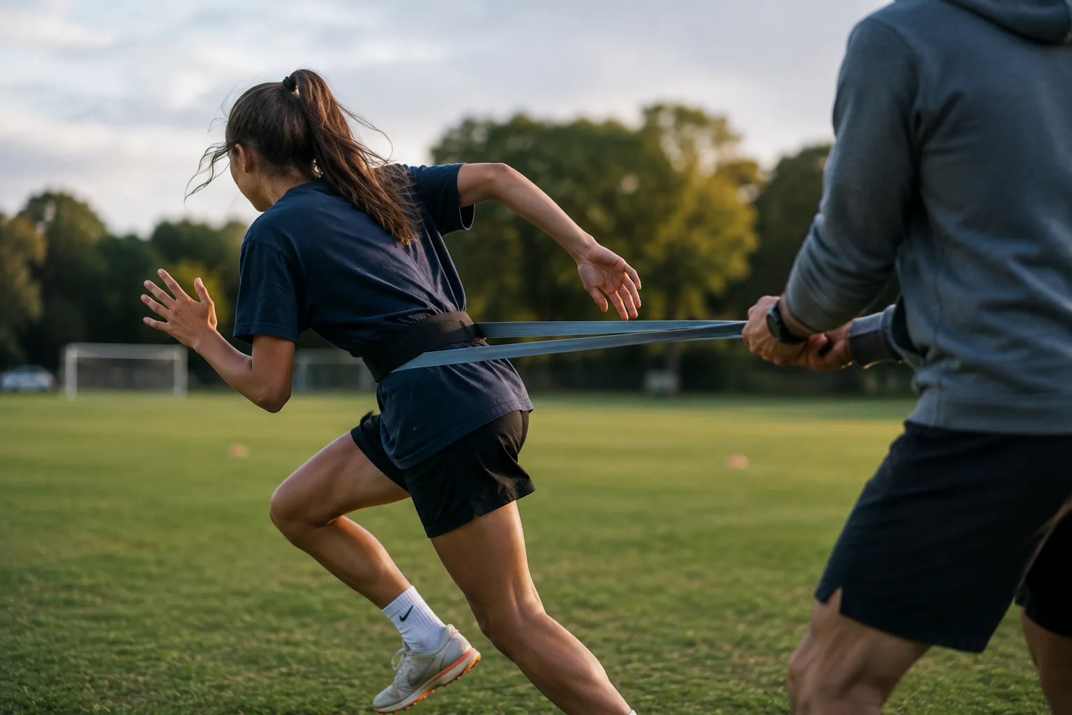 Young female athlete sprinting across a grass pitch at golden hour, resisted by a coach just out of frame.